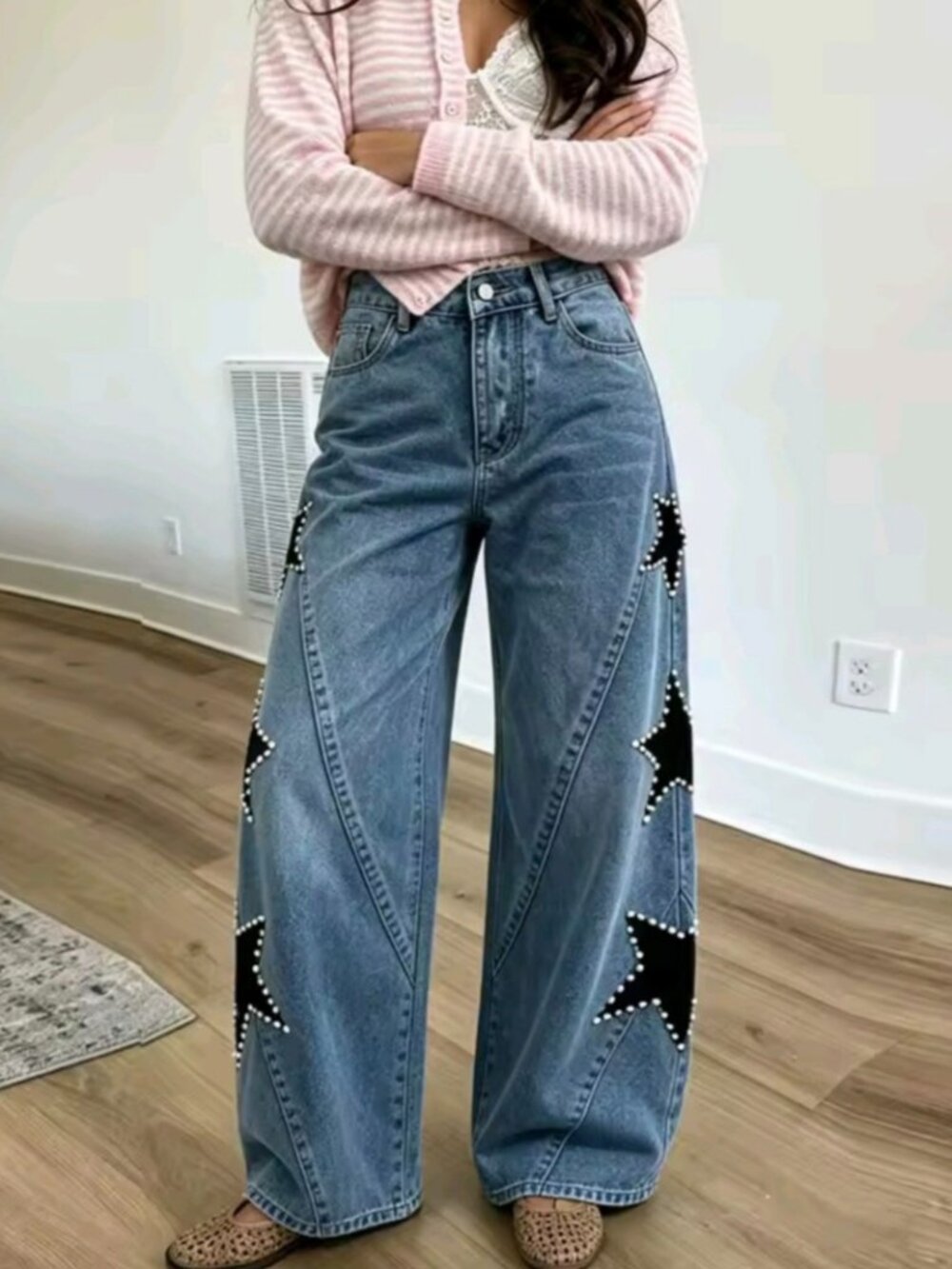 Women Rhinestone Star Patch Jeans Wide Leg Baggy Denim Pants Aesthetic Grunge - Picture 2 of 7
